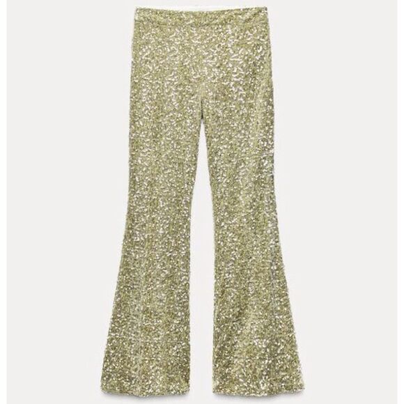 Zara Women's Flared Sequin Pants Mint High Waist-Sequin Hidden Zip Side Size M - Picture 4 of 11